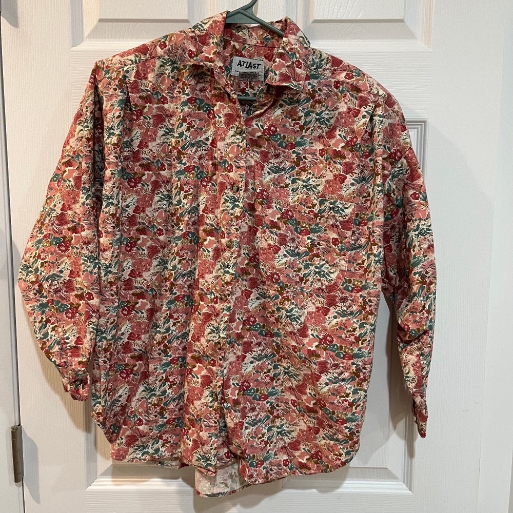 Vintage At Last Basics 100% Cotton Long Sleeve Button Down Sm Floral Design C12